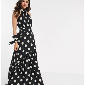 Mango Black and White Polka Dot Halter Sleeveless Maxi Dress Size 8